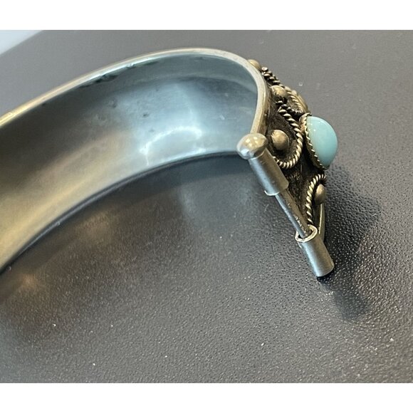 Silvertone Tibet Hinged Bangle Bracelet With Faux Turquoise - Picture 10 of 10